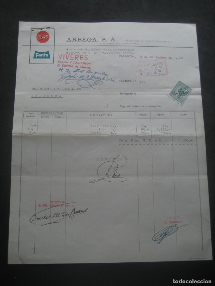 Coleccionismo de Coca-Cola y Pepsi: FACTURA COCA COLA - FANTA. ARBEGA S.A. ZARAGOZA 1968. CON SELLOS. PARA EL EJERCITO