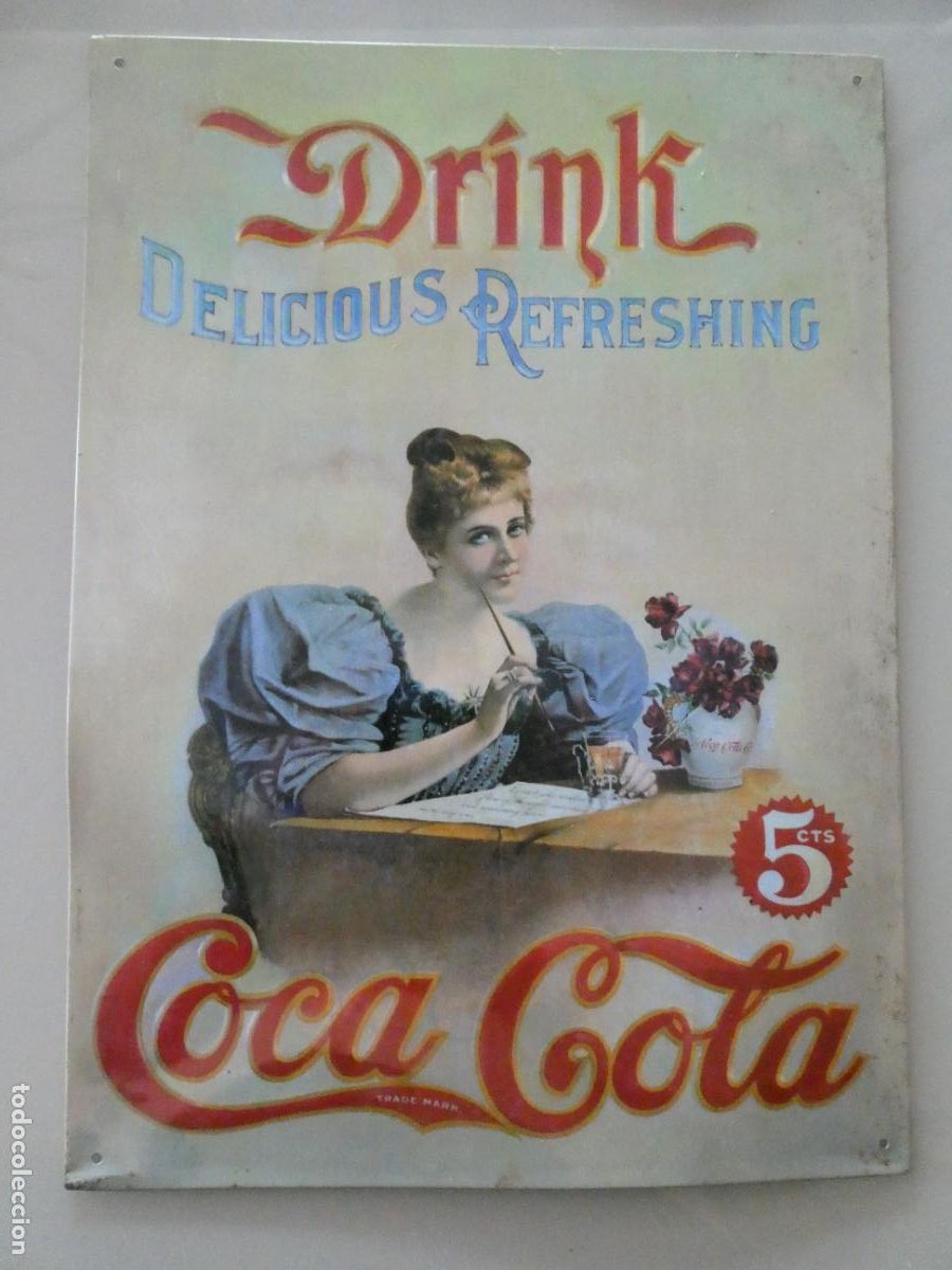 Coleccionismo de Coca-Cola y Pepsi: CHAPA CARTEL MET&Aacute;LICO PUBLICIDAD COCA COLA. MUJER DAMA ESCRITORA. 35X25CM 190GR