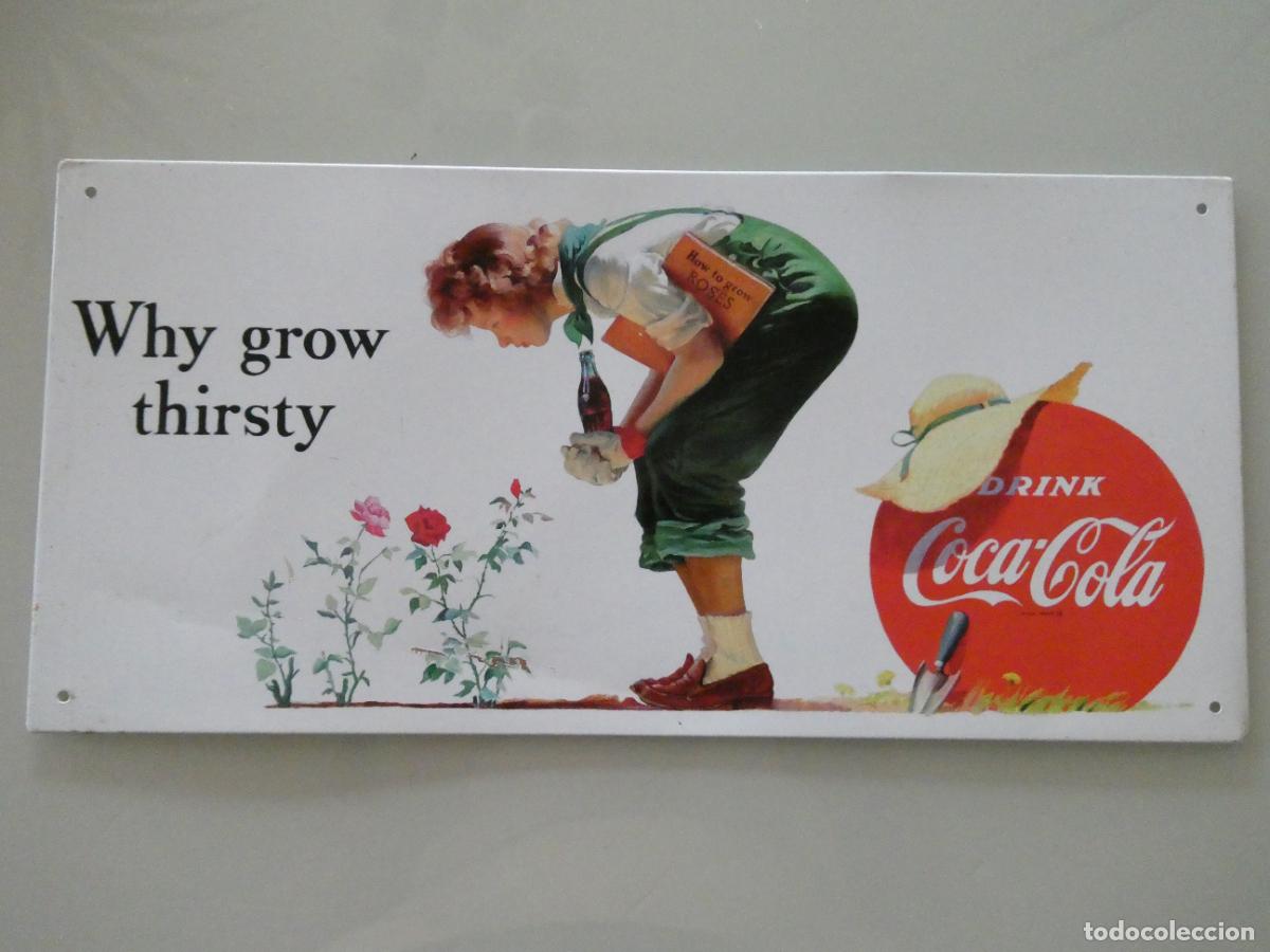 Coleccionismo de Coca-Cola y Pepsi: CHAPA CARTEL MET&Aacute;LICO PUBLICIDAD COCA COLA. NI&Ntilde;A JARDINERA ROSAS. 32X15CM 110GR