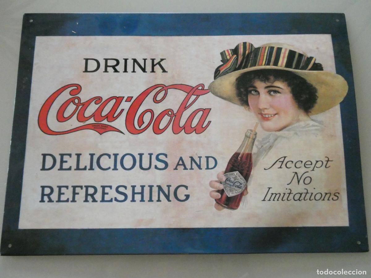 Coleccionismo de Coca-Cola y Pepsi: CHAPA CARTEL MET&Aacute;LICO PUBLICIDAD COCA COLA. DAMA MUJER ACCEPT NO IMITATIONS. 35X25CM 190GR