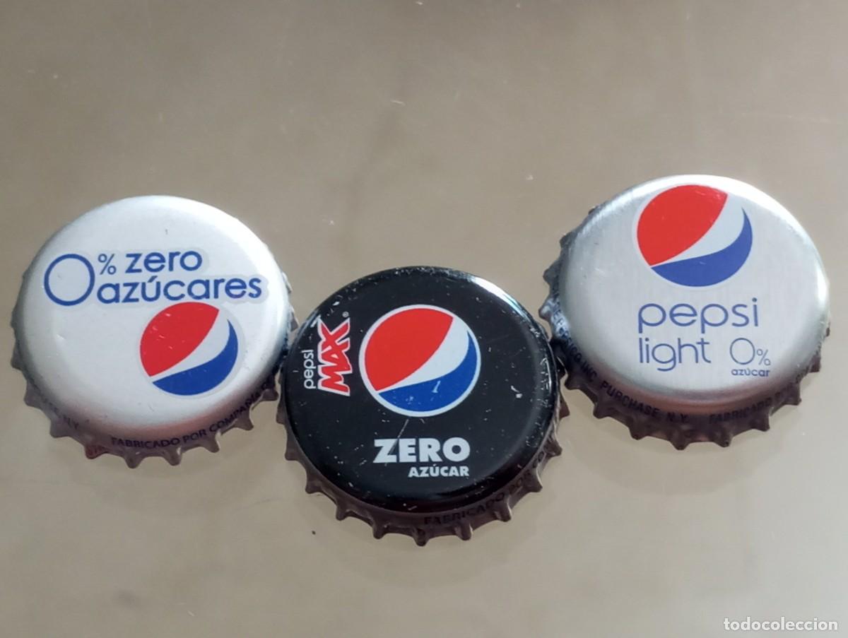 Coleccionismo de Coca-Cola y Pepsi: Lote de 3 chapas tap&oacute;n corona DIFERENTES de PEPSI 0% AZ&Uacute;CAR