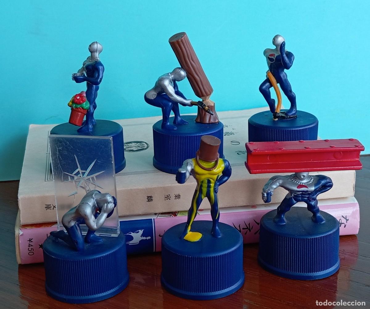 Coleccionismo de Coca-Cola y Pepsi: 6 tapones rosca pl&aacute;stico PEPSIMAN ACCIDENTES. JAP&Oacute;N 1999. PEPSI COLA.