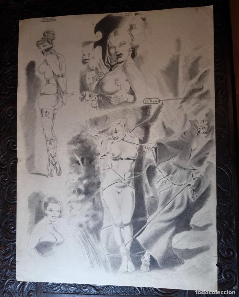 Comics : ILUSTRACI&Oacute;N DIBUJO A L&Aacute;PIZ. Boceto Trabajo. C&oacute;mic pulp horror er&oacute;tico. Escuela Valenciana A&ntilde;os 60/70