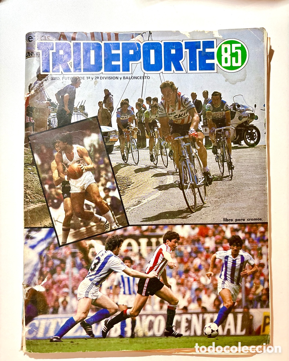 Collectionnisme sportif: &Aacute;lbum Trideporte 85 (Fher, 1985) - Ciclismo, F&uacute;tbol y Baloncesto - 192 Cromos Pegados (Faltan 118)