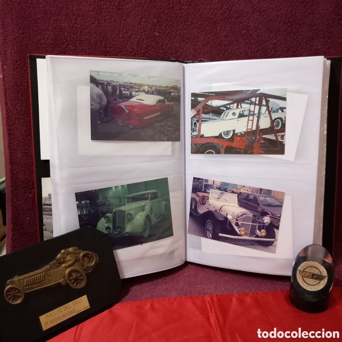 Coleccionismo deportivo: ALBUM CON 138 FOTOS DE COCHES CLASICOS ,ALGUNOS DE CARRERAS+TROFEO RALLYE+PISAPAPELES CHEVROLET)