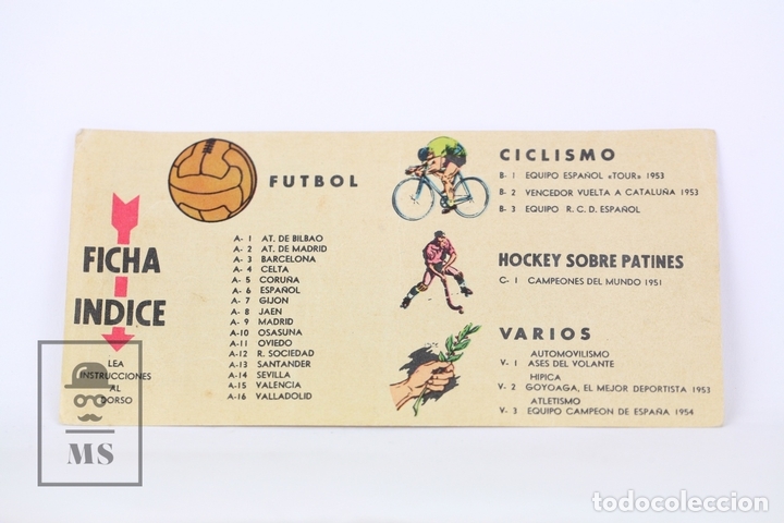 Coleccionismo deportivo: Ficha / Cromo de Chocolate Batanga - Ficha Indice N&ordm; 1 - F&uacute;tbol, Ciclismo, Hockey... - A&ntilde;os 50