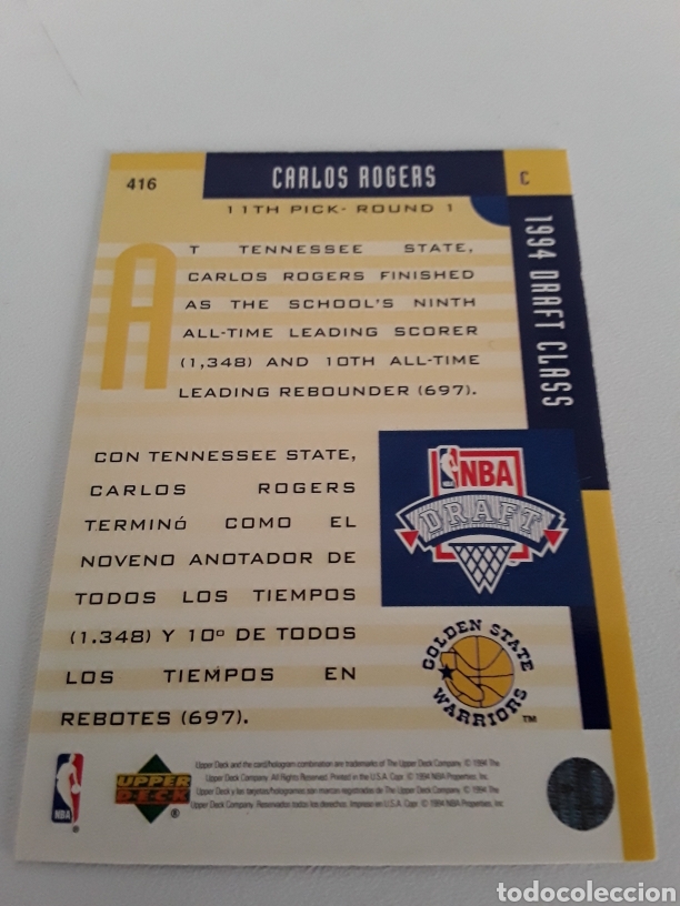 Coleccionismo deportivo: Upper Deck Carlos Rogers N 416 1994 Draft Class - Foto 2