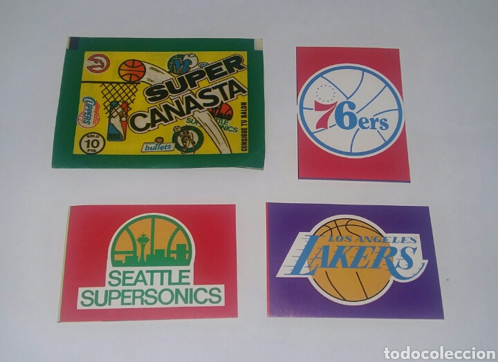 Collezionismo sportivo: SUPER CANASTA. CROMOS S. SUPERSONICS + L.A. LAKERS + 76ERS + SOBRE. SIN PEGAR. 1986. PEGATINAS.NBA