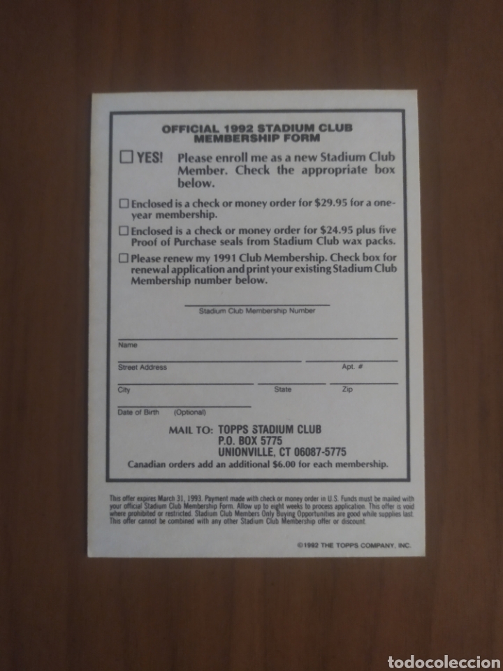 carta formulario de membresía 1992 topps stadiu - Buy Collectible stickers  of other sports on todocoleccion