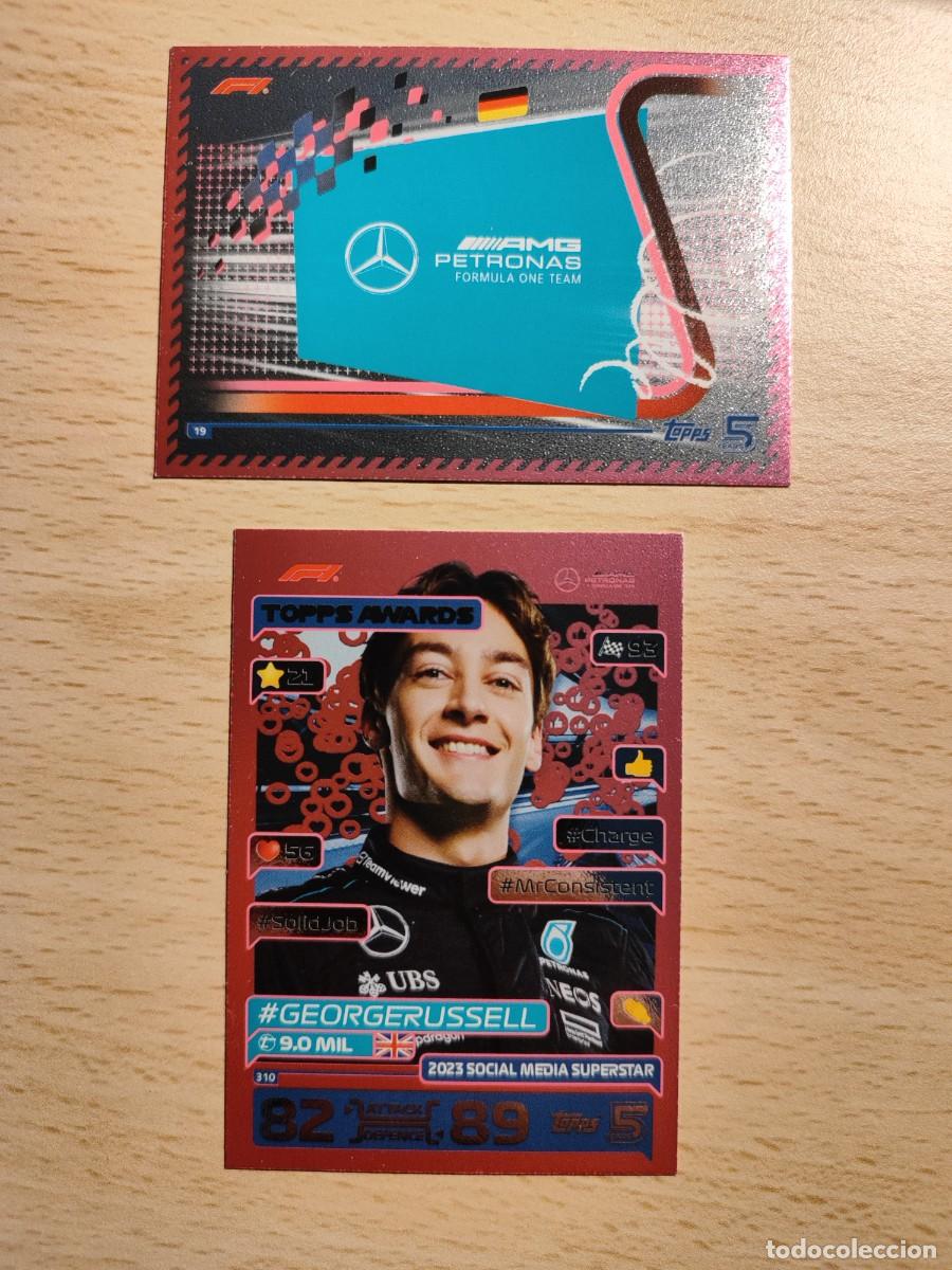 Coleccionismo deportivo: LOTE 2 TURBO ATTAX 2024 TOPPS TEAM PARALELA ROSA PINK 19 LOGO MERCEDES RUSSELL 310 F1 FORMULA 1