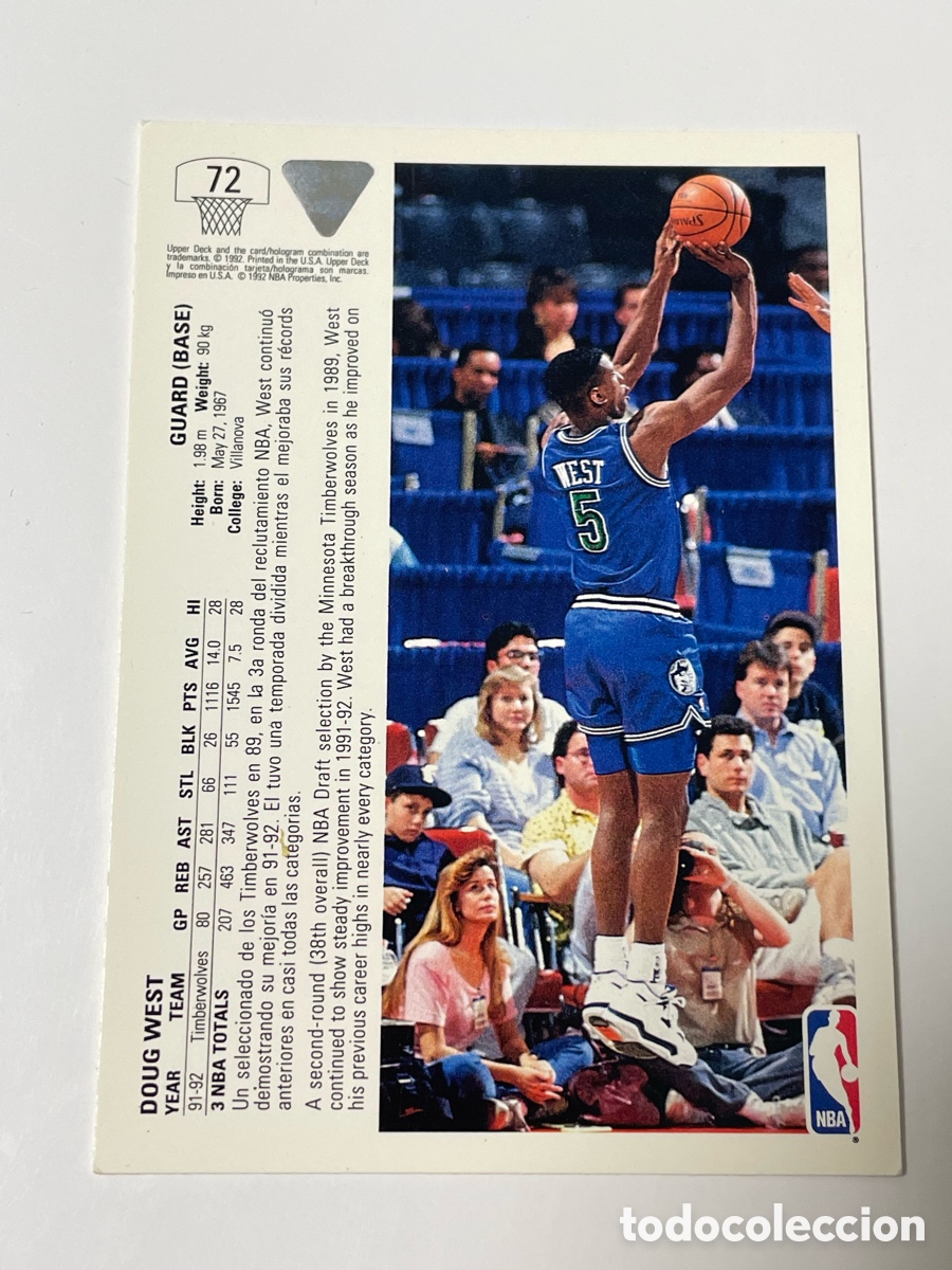 Coleccionismo deportivo: Upper Deck NBA &lsquo;92 Doug West Minnesota Timbervolves - Foto 2