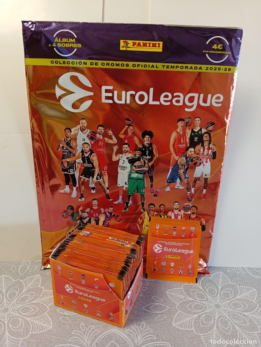 Coleccionismo deportivo: ALBUM+54 SOBRES CROMOS EUROLEAGUE 2025-26 PANINI-CROMOS BALONCESTO LIGA EUROPEA,BARCELONA,MADRID