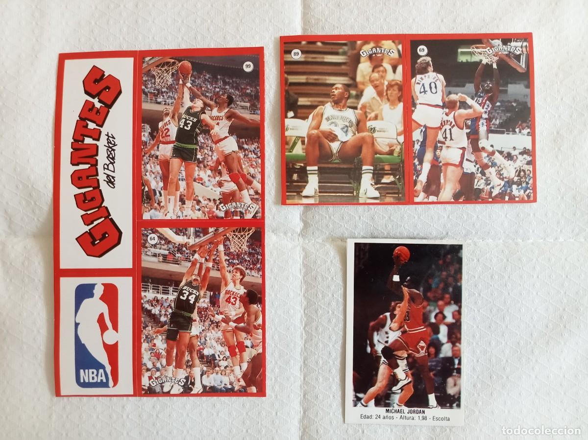 Coleccionismo deportivo: Pegatinas L&aacute;mina Gigantes del Basket NBA y Cromo recortado Michael Jordan 146 1988 Merchante