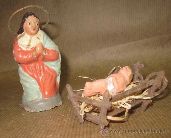Figuras de Bel&eacute;n: VIRGEN MAR&Iacute;A Y NI&Ntilde;O JES&Uacute;S CON CUNA,TERRACOTA,A&Ntilde;OS 50