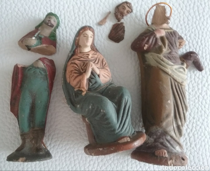 Figuren f&uuml;r Weihnachtskrippen: Lote de 6 figuras NACIMIENTO de BEL&Eacute;N para restaurar. ANTIGUO.