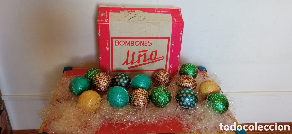 Figuren f&uuml;r Weihnachtskrippen: LOTE DE 15 BOLAS DE CHOCOLATE NAVIDE&Ntilde;AS.BOMBONES U&Ntilde;A-VALLADOLID 70'S.EN SU CAJA ORIGINAL.