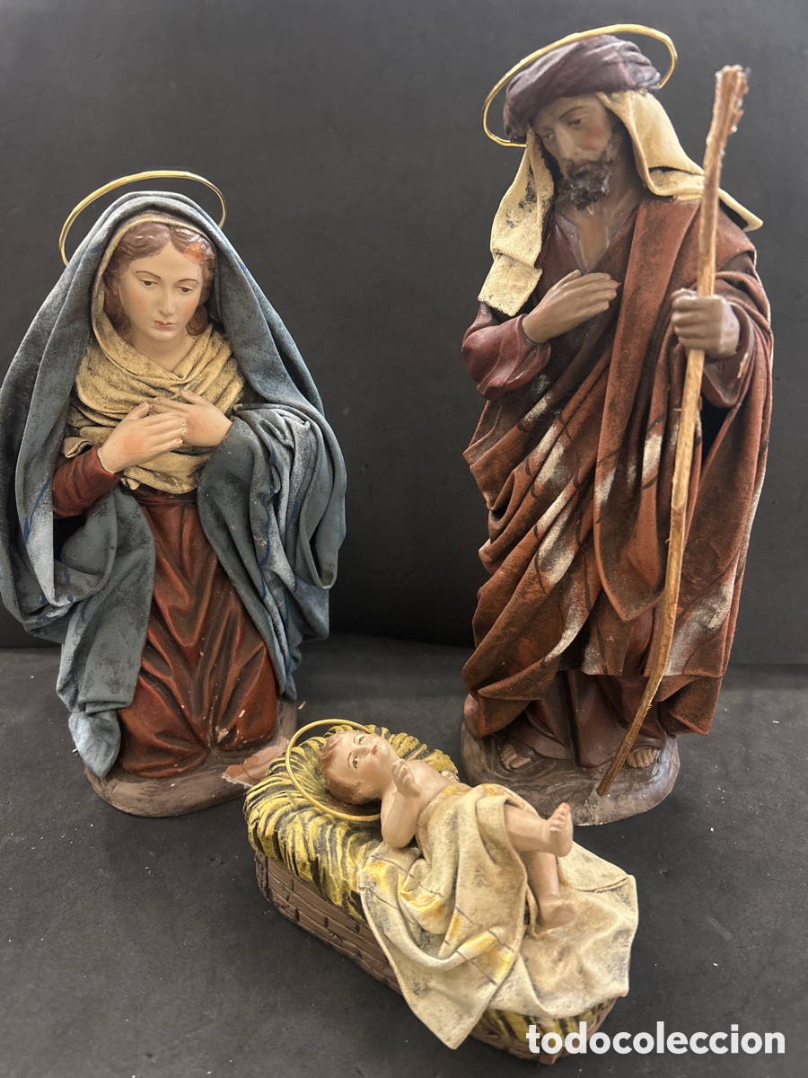 Figuras de Pres&eacute;pios: Precioso nacimiento, 3 figuras belen de barro, 25cm