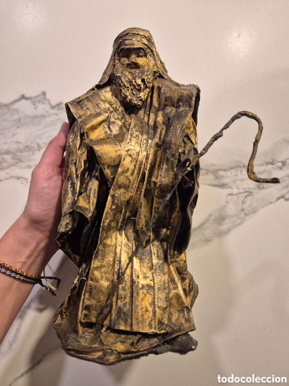 Figuras de Bel&eacute;n: Lote figuras antiguas cart&oacute;n piedra Bel&eacute;n Reyes Magos Virgen San Jos&eacute; 5 piezas