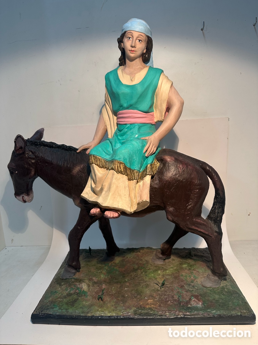 Figuras de Bel&eacute;n: PRECIOSA FIGURA BELEN ANTIGUA, HEBREA O PASTORA SOBRE BURRO GRANDE. SERIE 50 OLOT. 63CM.