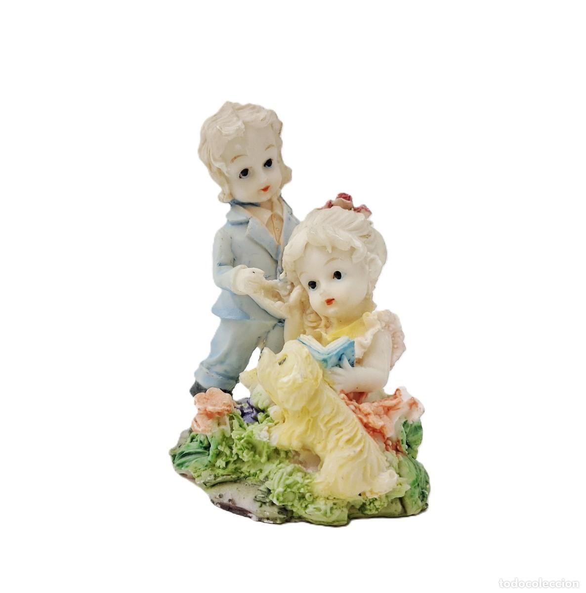 Figuras de Bel&eacute;n: Figura de cer&aacute;mica vintage - Ni&ntilde;o y ni&ntilde;a con perro - 10 cm, pintada a mano (4.2)