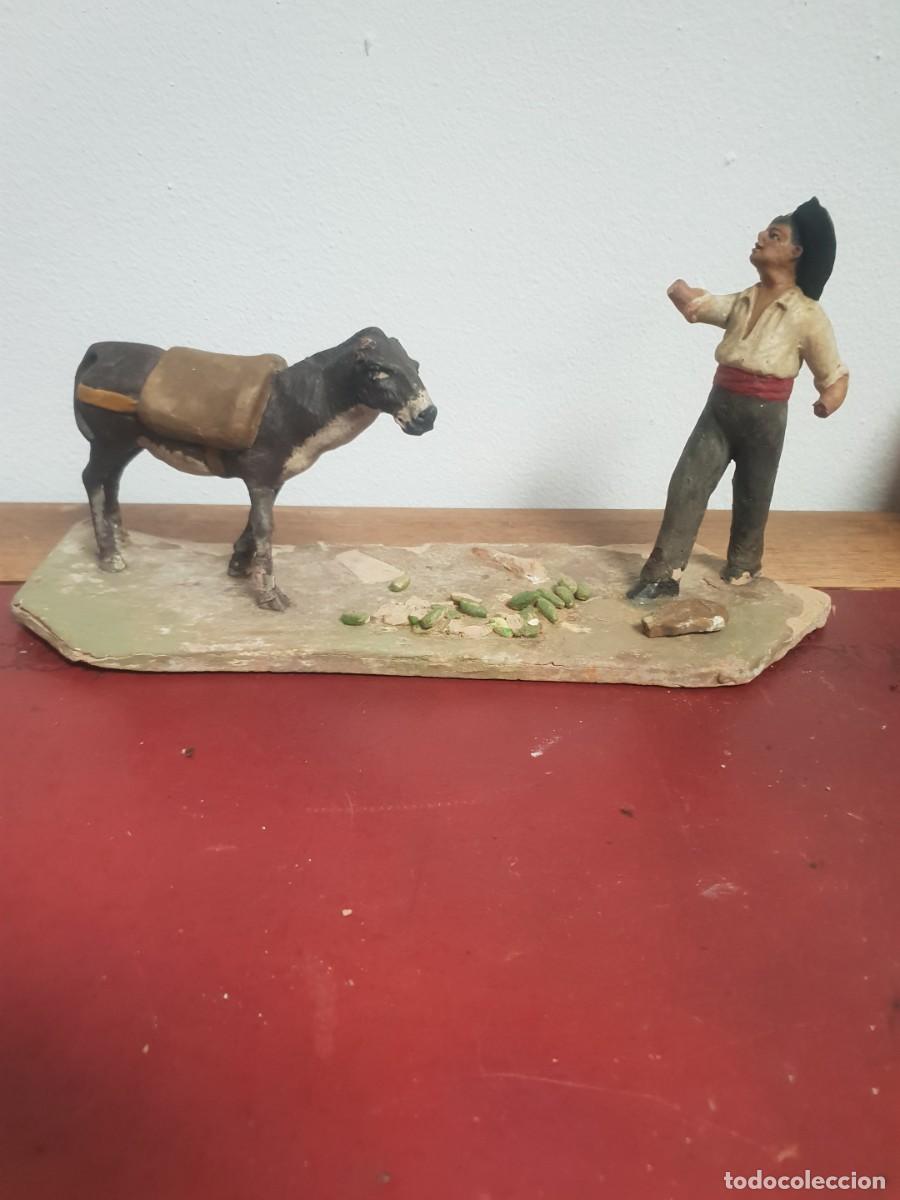 Figuras de Bel&eacute;n: Figura belen antigua terracota hombre con burro a restaurar