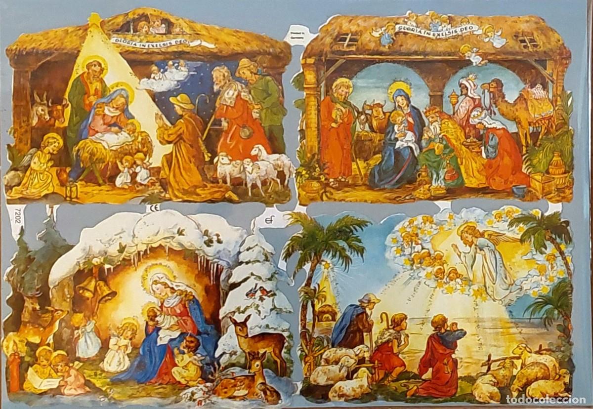 Figuras de Bel&eacute;n: ANTIGUA LAMINA DE 4 CROMOS TROQUELADOS ( NACIMIENTO DE JES&Uacute;S ) de los a&ntilde;os 50