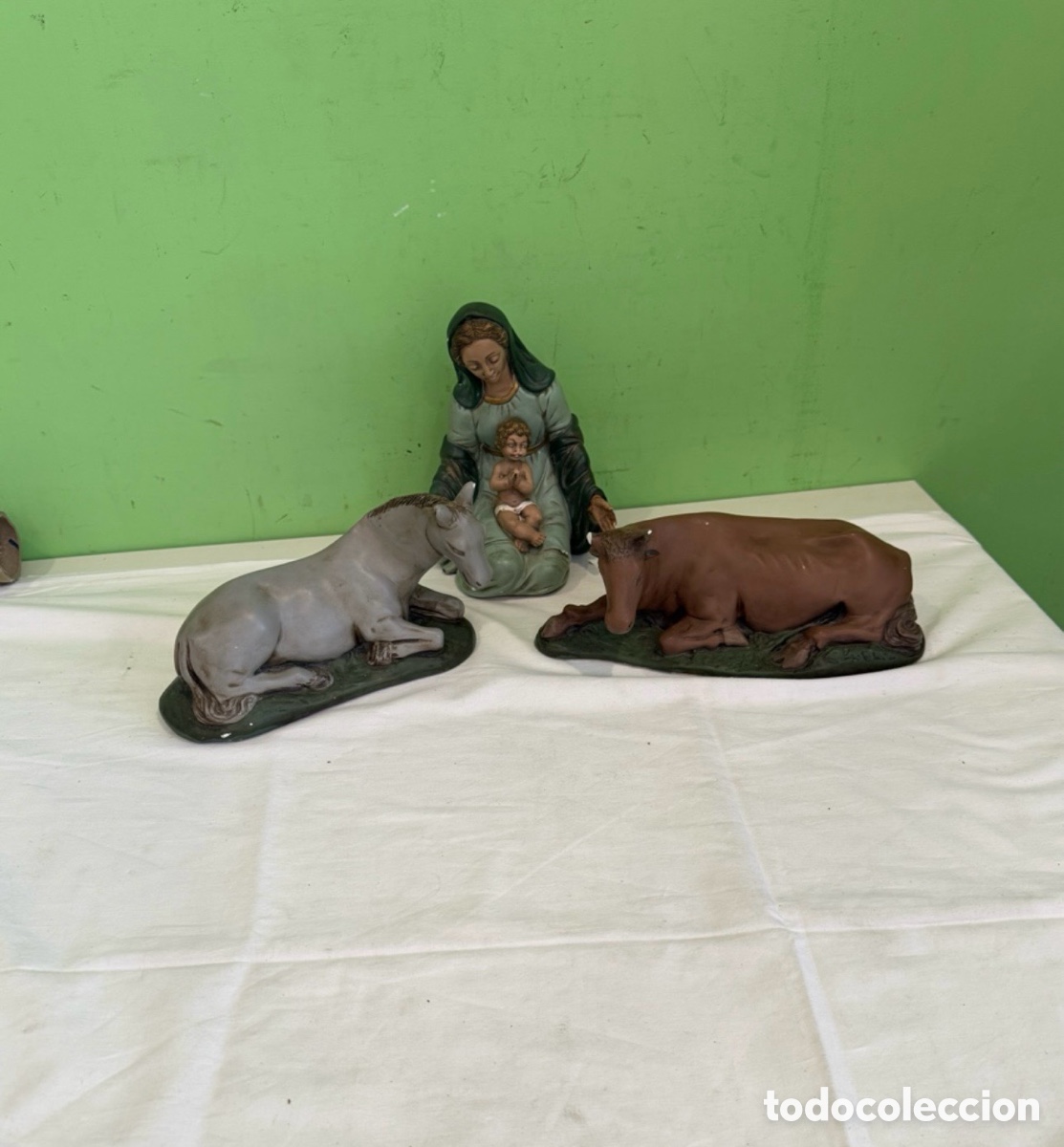 Figuren f&uuml;r Weihnachtskrippen: Figuras bel&eacute;n antiguas escayola policromada a&ntilde;os 50 Virgen Ni&ntilde;o buey у mula grandes