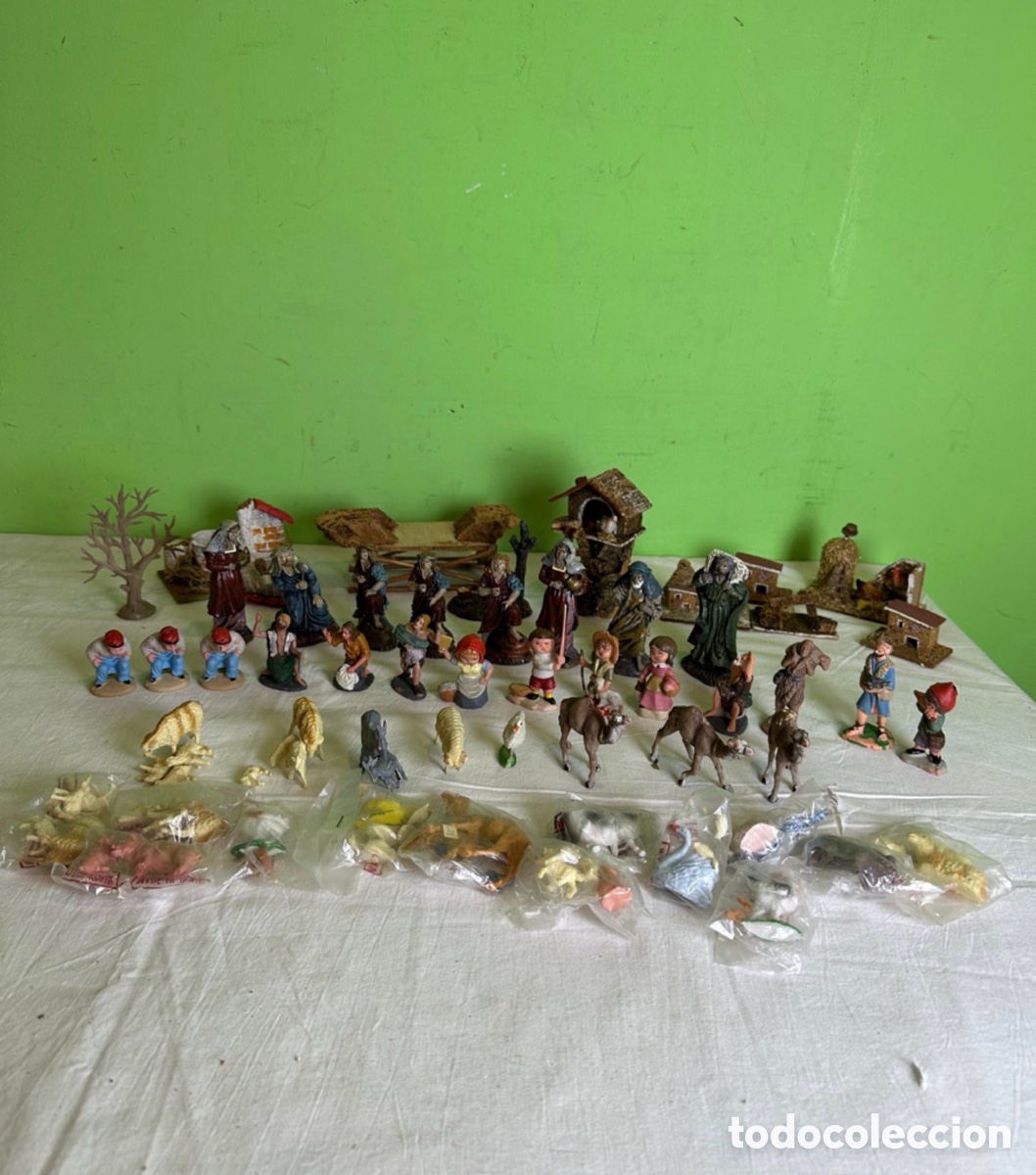 Figurines pour Cr&egrave;ches de No&euml;l: Gran lote bel&eacute;n antiguo Espa&ntilde;a terracota y pl&aacute;stico figuras casas animales sin usar