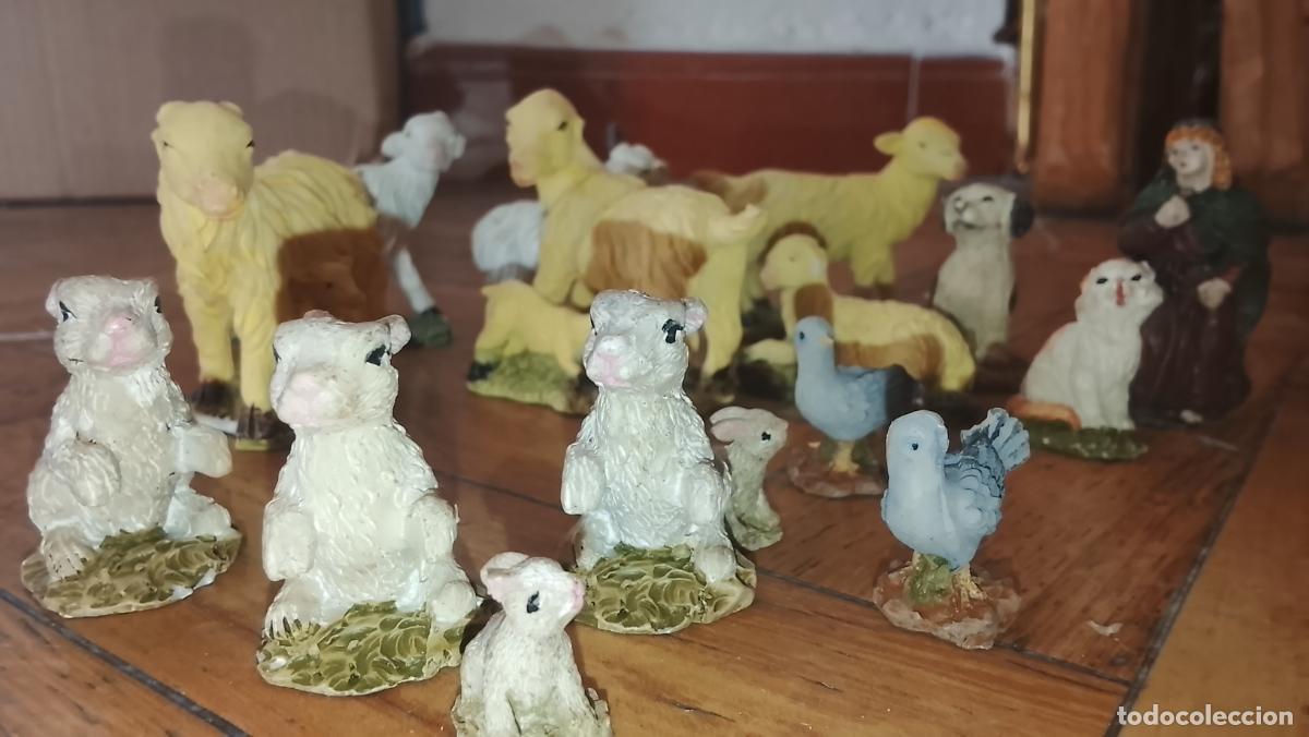 Figuras de Bel&eacute;n: 16 PIEZAS DE BELEN RESINA OVEJAS CONEJOS PERRO GATO ... VER FOTOS Y FALTAS