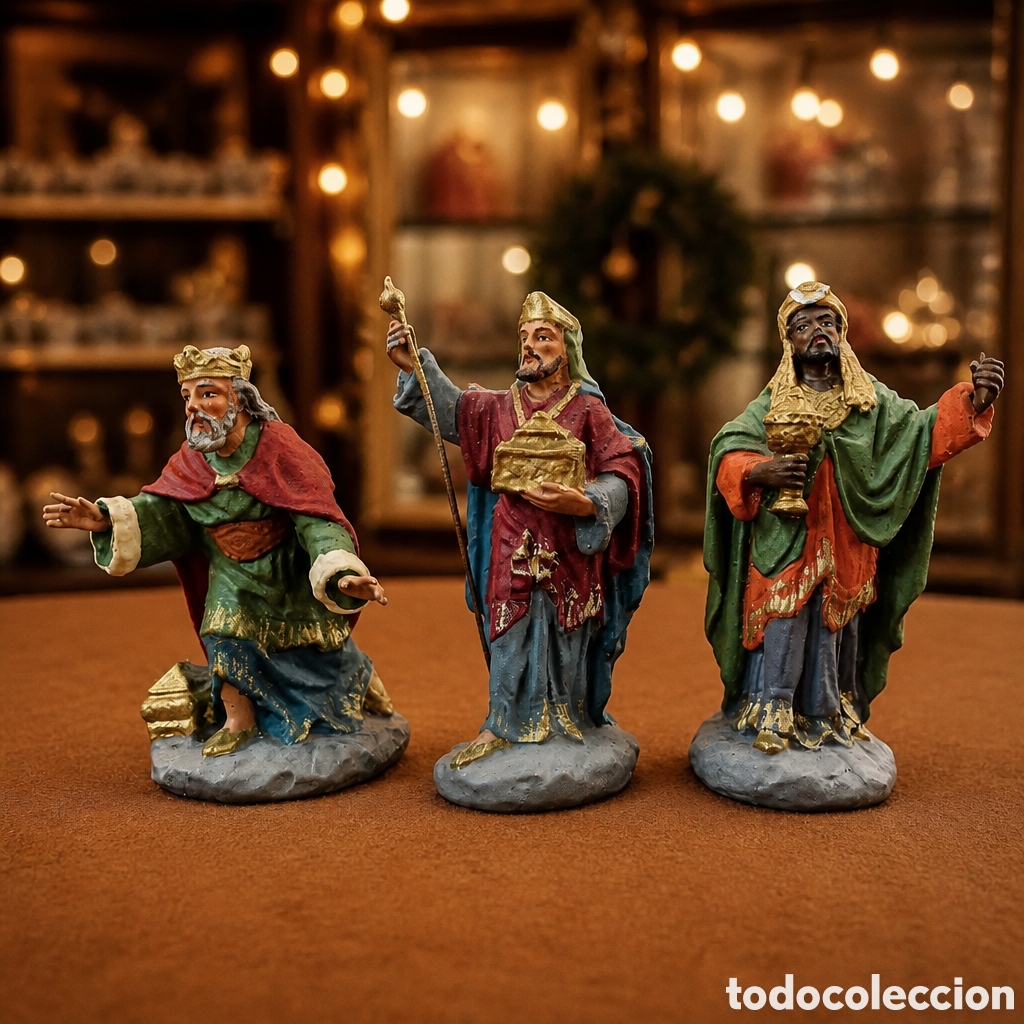 Figuras de Bel&eacute;n: ANTIGUAS FIGURAS DE BELEN . REYES MAGOS . BARRO POLICROMADO Y MANOS DE PLOMO. ETIQUETA MARMOLEJO