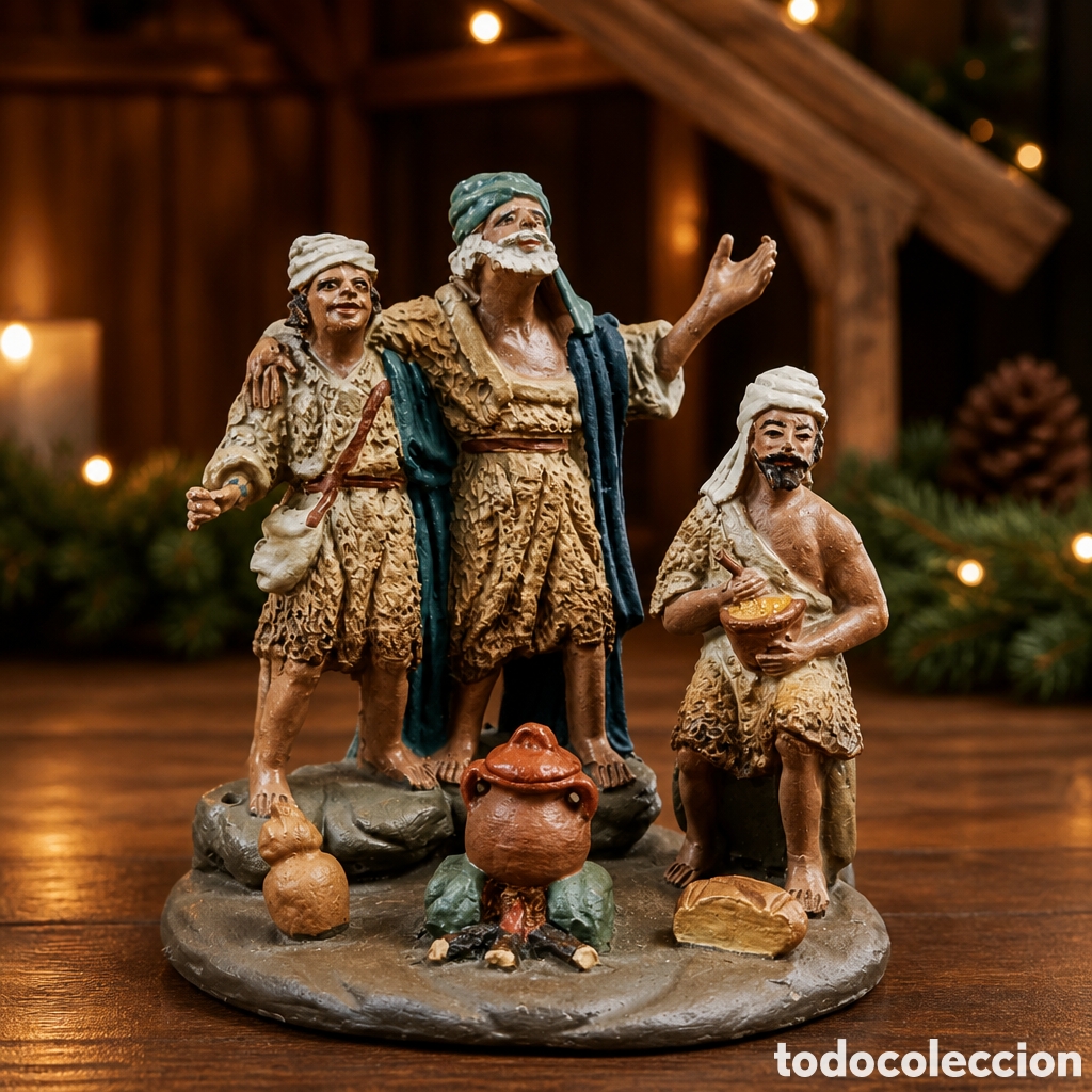 Figuras de Bel&eacute;n: ANTIGUA FIGURA DE BELEN .GRUPO DE PASTORES . BARRO POLICROMADO Y MANOS DE PLOMO.