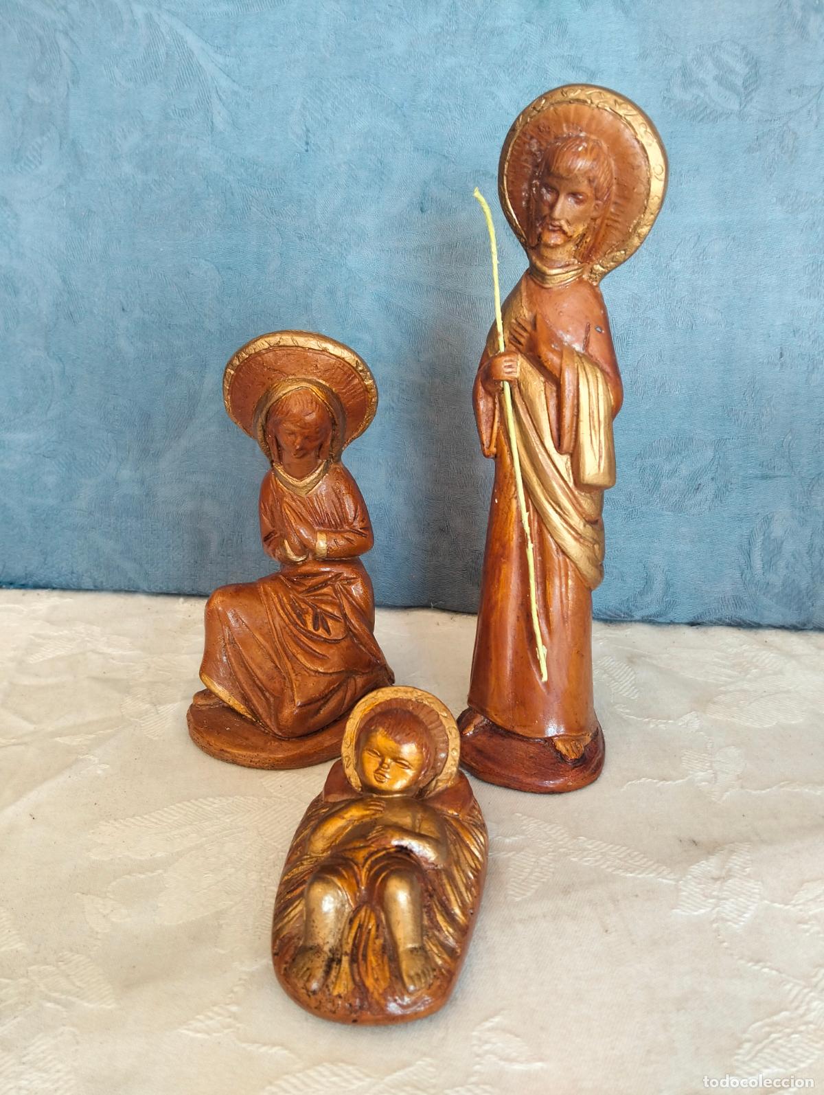 Figuren f&uuml;r Weihnachtskrippen: Bel&eacute;n decorativo vintage 3 figuras doradas Virgen Mar&iacute;a San Jos&eacute; Ni&ntilde;o Jes&uacute;s pesebre de yeso a&ntilde;os 70