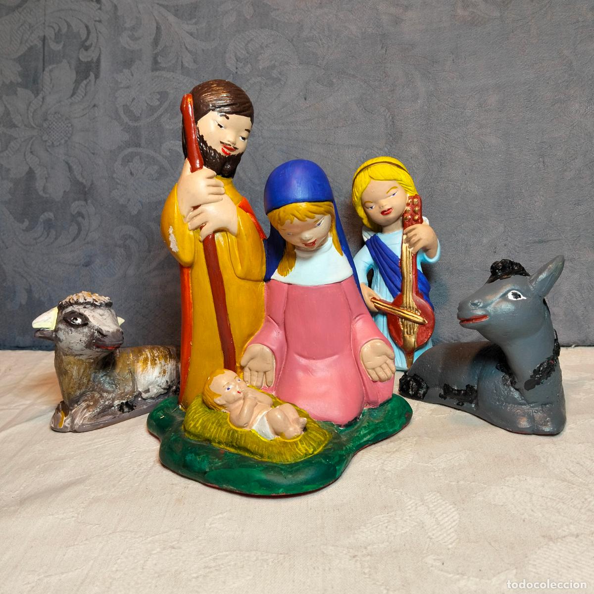Figuren f&uuml;r Weihnachtskrippen: Bel&eacute;n decorativo vintage 4 figuras pintadas Virgen Mar&iacute;a San Jos&eacute; Ni&ntilde;o Jes&uacute;s pesebre yeso &aacute;ngel