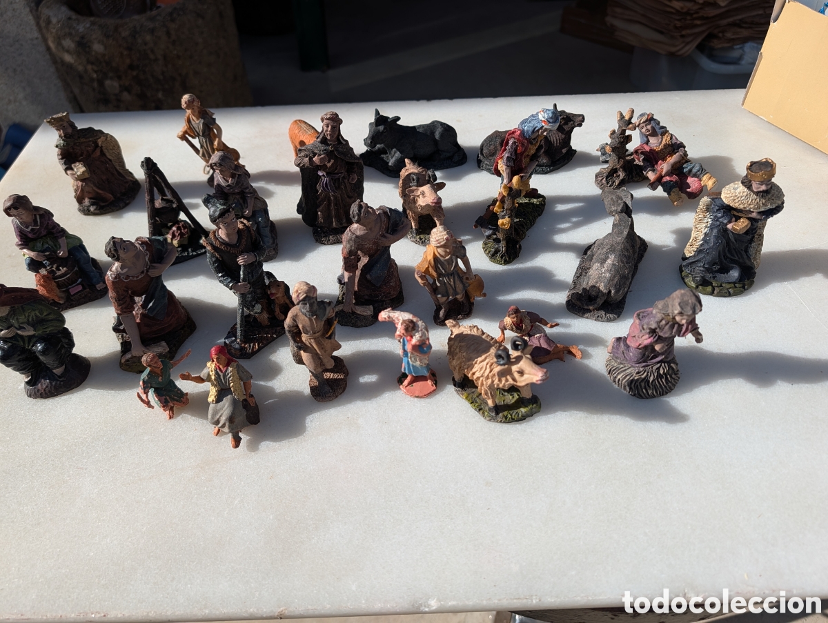 Figuras de Bel&eacute;n: Gran Lote 24 Figuras de Belen Antiguo - Terracota / Pasta Policromada Vintage - Estilo Clasico Escul