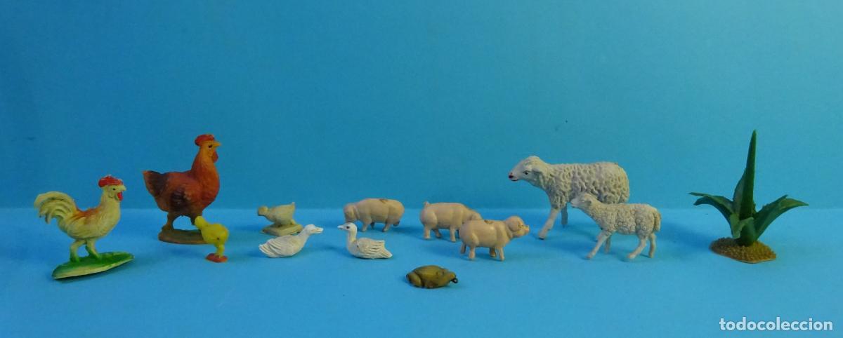 Figuras de Bel&eacute;n: DOCE FIGURAS DE PL&Aacute;STICO R&Iacute;GIDO DE BEL&Eacute;N: OVEJAS, GALLINA, GALLO, RANA, CERDITOS, PATOS +