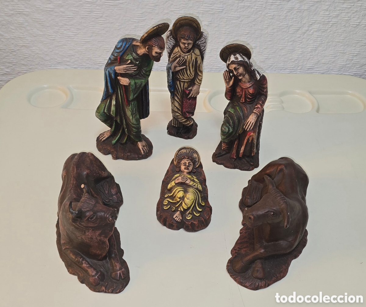 Figuras de Bel&eacute;n: PRECIOSO Y EXCASO NACIMIENTO DE BEL&Eacute;N COMPLETO . EN BARRO. POR SERRANO . MURCIA. 23 CM LA MAS ALTA.