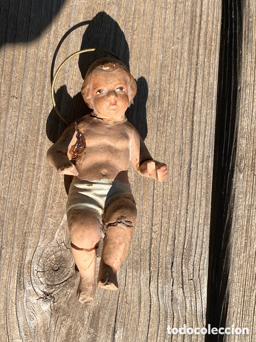 Figuras de Bel&eacute;n: Ni&ntilde;o Jes&uacute;s Bel&eacute;n Siglo XX Policromado Barro Terracota Halo 10cm