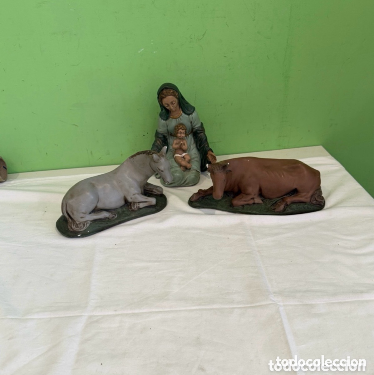 Statuine di Presepe: Figuras bel&eacute;n antiguas escayola policromada a&ntilde;os 50 Virgen Ni&ntilde;o buey y mula grandes