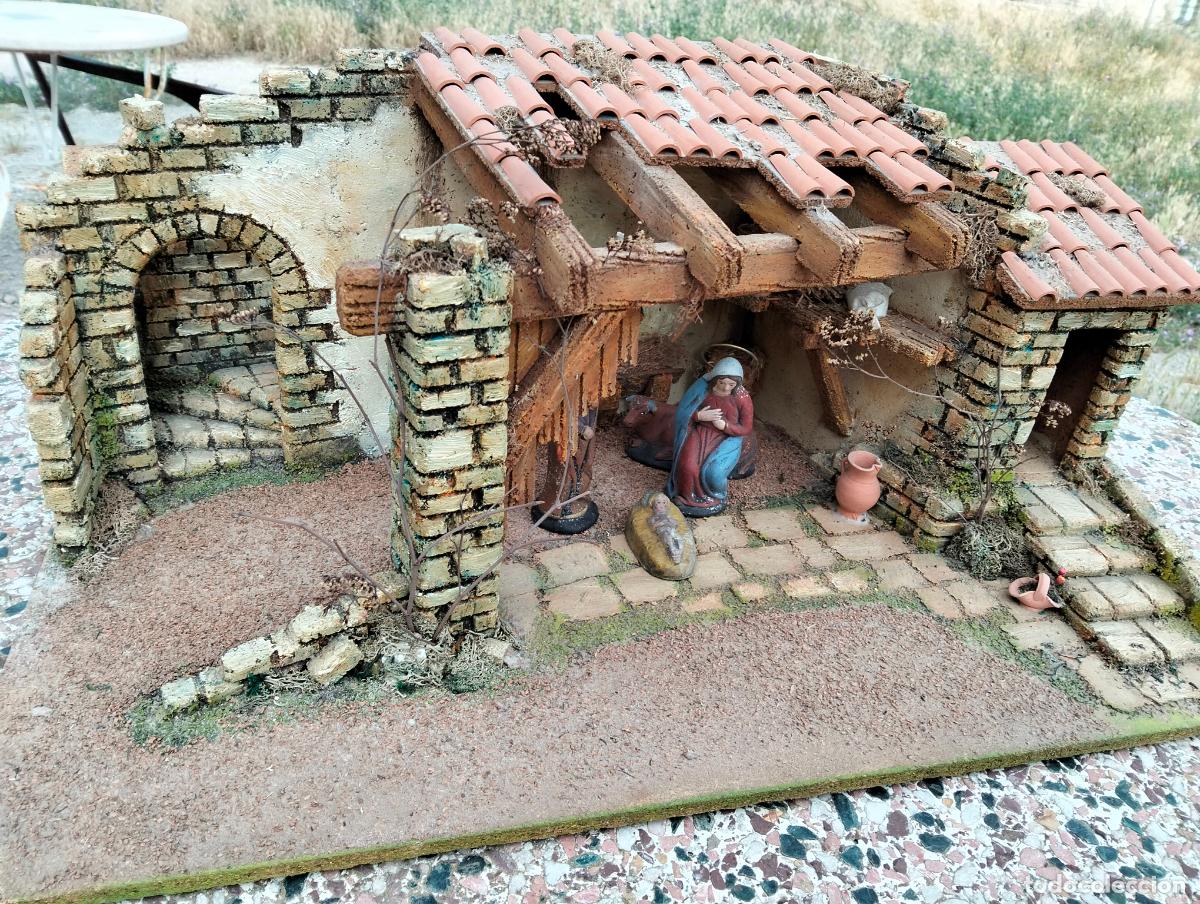Statuine di Presepe: Figura escultura de Bel&eacute;n pesebre portal de Bel&eacute;n establo con figuras de barro antiguo a&ntilde;os 60