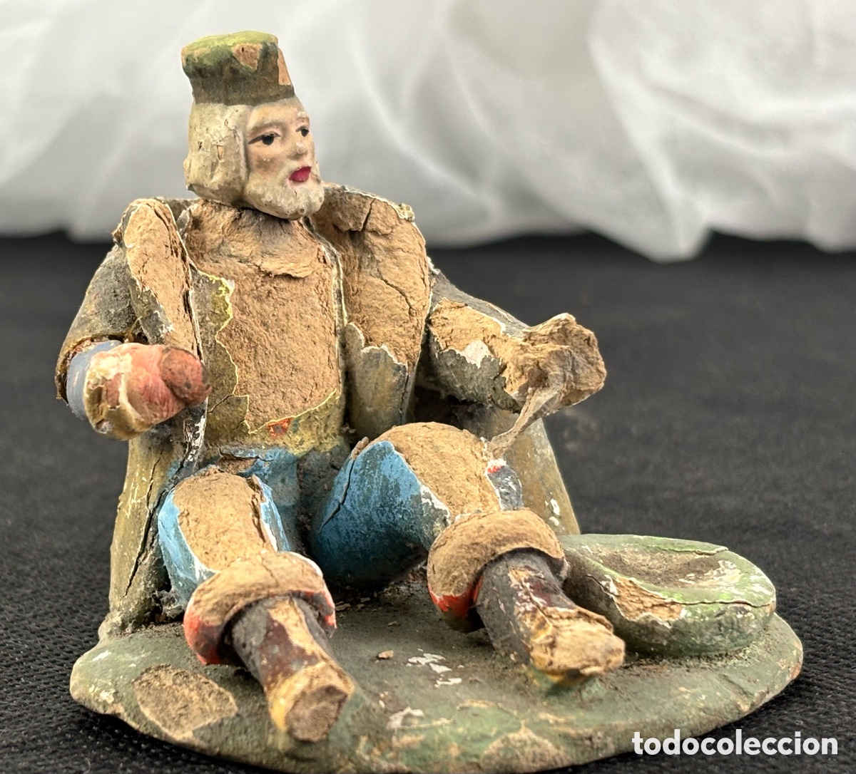 Statuine di Presepe: FIGURA DE BEL&Eacute;N, PESEBRE - REY SENTADO - TERRACOTA POLICROMADA SIGLO XIX