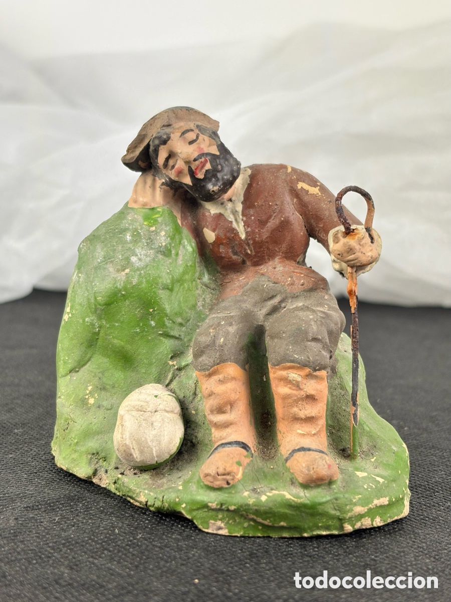Statuine di Presepe: FIGURA DE BELEN, PESEBRE - PASTOR DURMIENDO - TERRACOTA POLICROMADA, SIGLO XIX