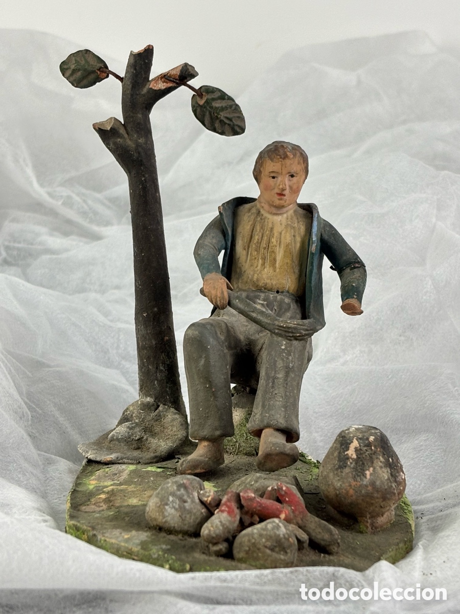 Statuine di Presepe: FIGURA DE PESEBRE , BELEN - PASTOR HACIENDO FUEGO - TERRACOTA, SIGLO XIX