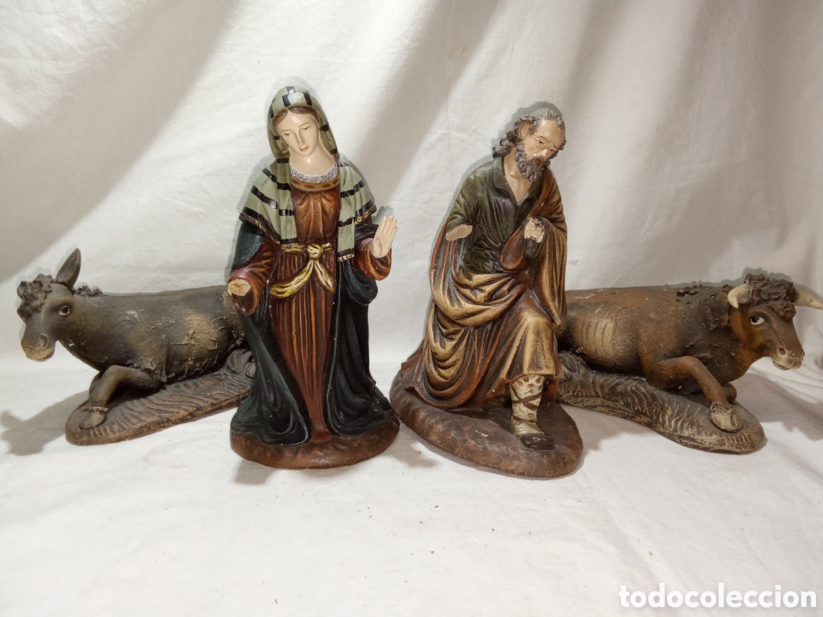 Figuras de Bel&eacute;n: VIRGEN MAR&Iacute;A Y SAN JOS&Eacute; CON BUEY Y BURRO BARRO