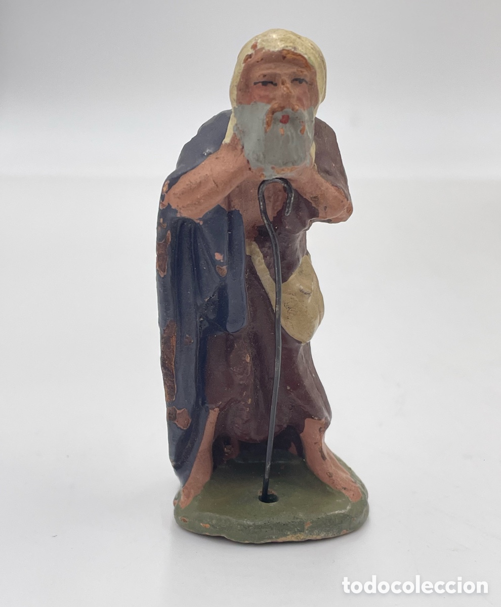 Figuras de Bel&eacute;n: Figura de Bel&eacute;n barro o terracota. Anciano con bast&oacute;n