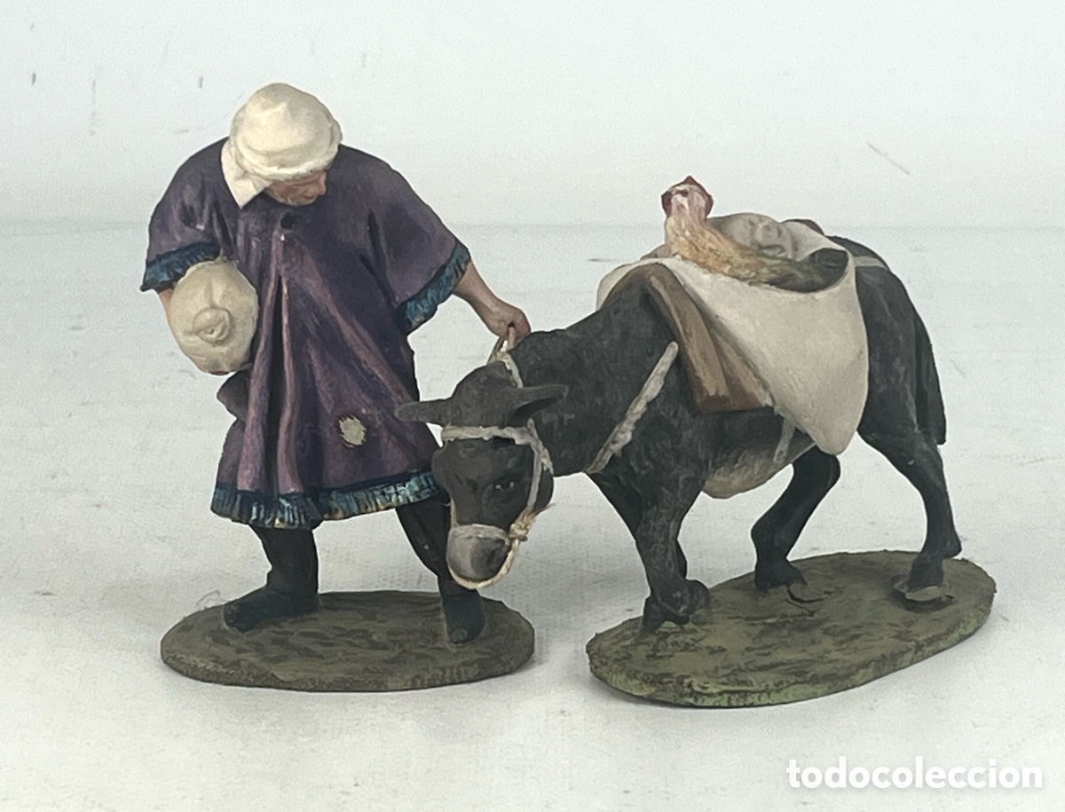 Figuras de Bel&eacute;n: PASTOR CON BURRO Y GALLINA - ESTUCO PINTADO - TALLERES DE OLOT - PESEBRE, BELEN