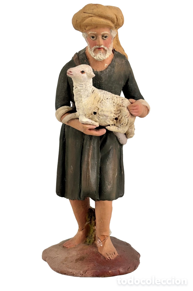 Figuras de Bel&eacute;n: PASTOR CON CORDERO EN TERRACOTA - OLOT - FIGURA DE BEL&Eacute;N - 14 CM