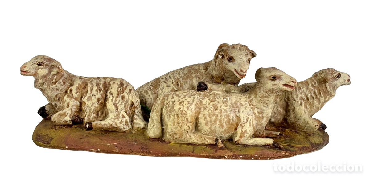 Figuras de Bel&eacute;n: GRUPO DE CARNERO Y OVEJAS EN ESTUCO - OLOT - BEL&Eacute;N, PESEBRE