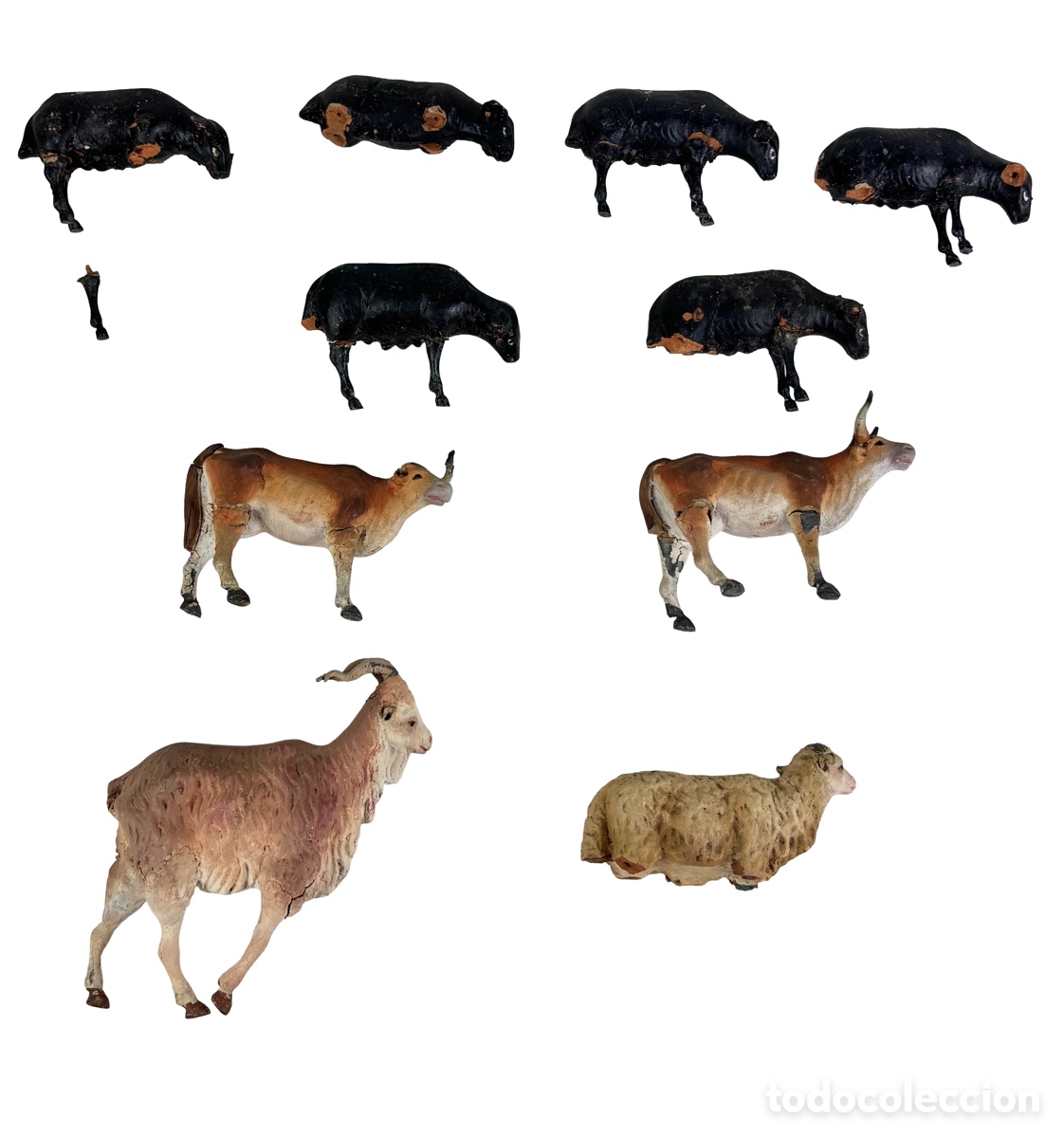 Figuras de Bel&eacute;n: CONJUNTO DE TOROS, CABRAS, OVEJA Y 6 OVEJAS NEGRAS EN TERRACOTA PARA RESTAURAR - OLOT