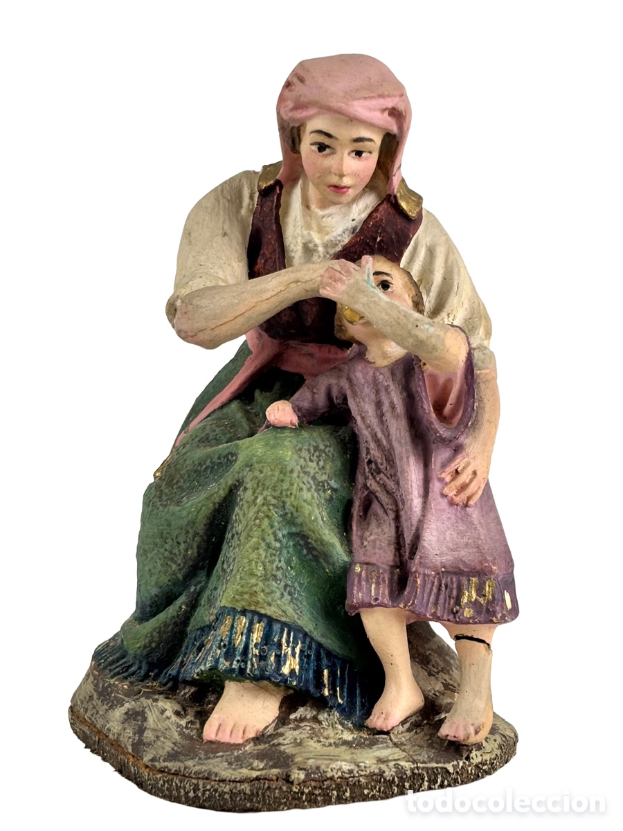 Figuras de Bel&eacute;n: FIGURA DE PESEBRE - PASTORA DANDO DE BEBER AL NI&Ntilde;O -12 CM