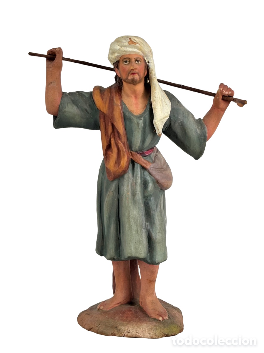 Figuras de Bel&eacute;n: PASTOR CON VARA EN TERRACOTA - OLOT - FIGURA PESEBRE - 19 CM